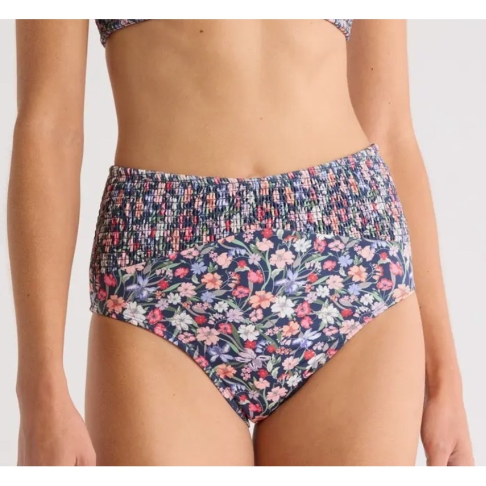 New Hutch Smocked High Waist Bikini Bottom Women's Small S Floral Navy Garden